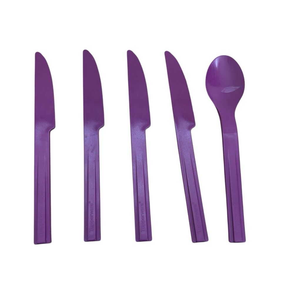 Tupperware On-The-Go Cutlery Snap Together Purple 4 Knives 1 Spoon Replacements